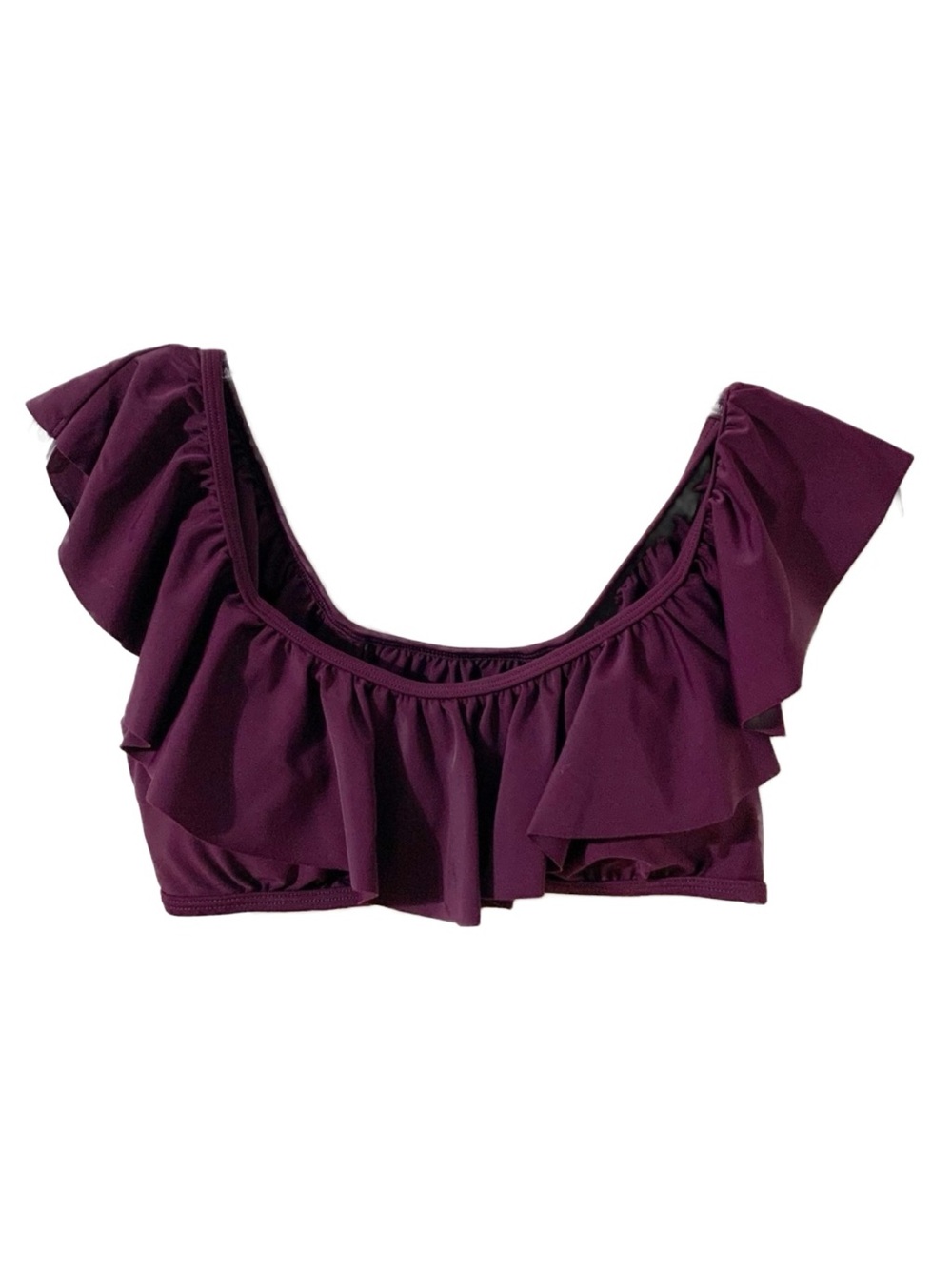 Express Ruffled Scoop Neck Bikini Top Clasp in Back Round Cutout Lightly Padded